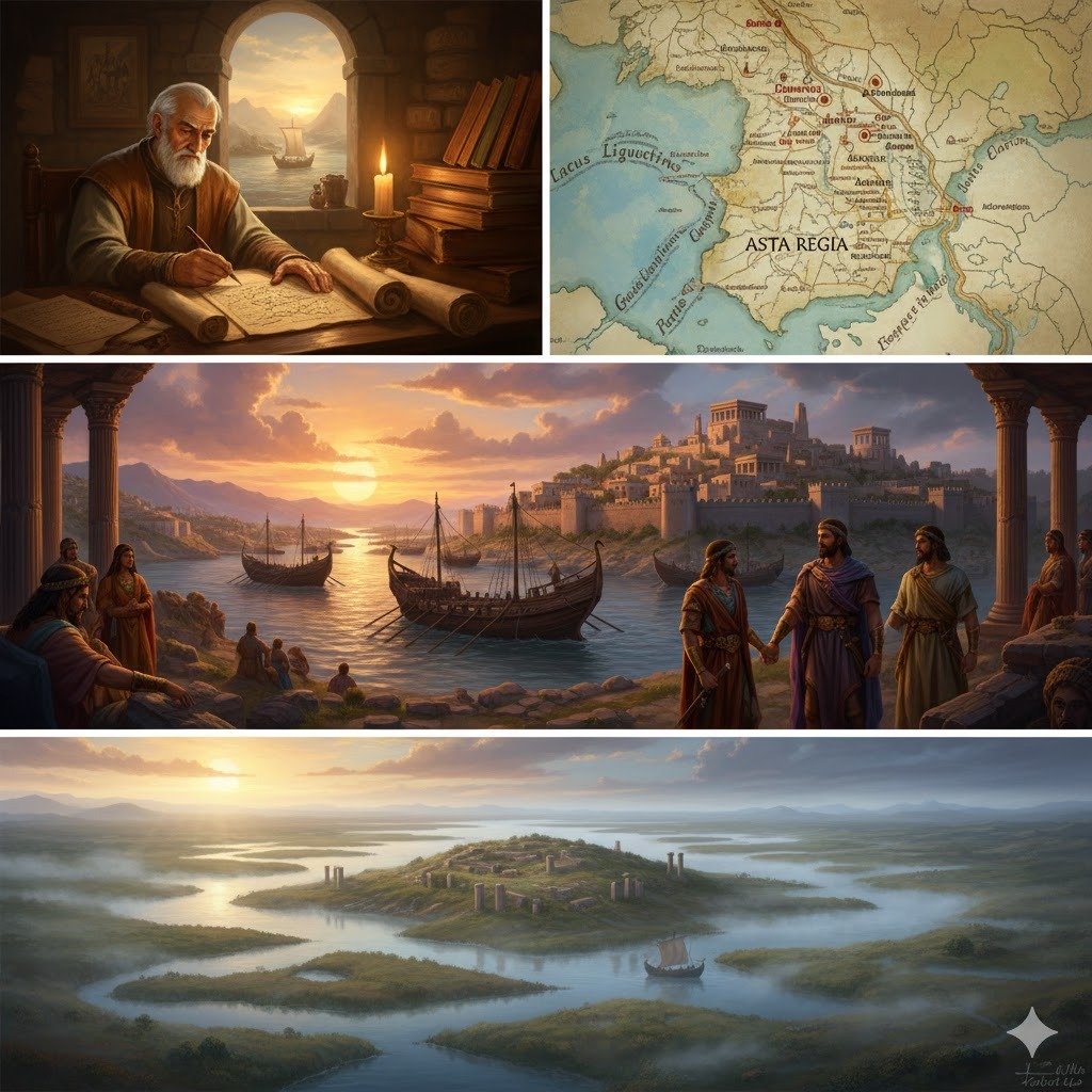 Ilustración evocadora del yacimiento arqueológico de Asta Regia que muestra una ciudad portuaria antigua al atardecer, con barcos de vela clásicos navegando por el Lacus Ligustinus y estructuras arquitectónicas que sugieren el esplendor de la época romana y tartésica en Jerez.