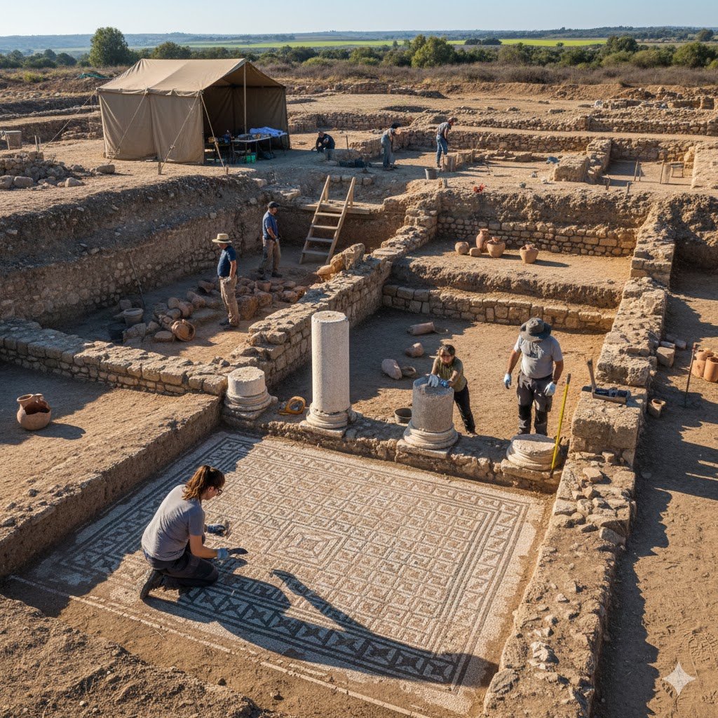 Fotografía de una excavación arqueológica en el yacimiento de Asta Regia que muestra a un investigador trabajando sobre un mosaico romano pavimentado, rodeado de muros de piedra, columnas clásicas y vasijas cerámicas bajo una luz dorada de atardecer.