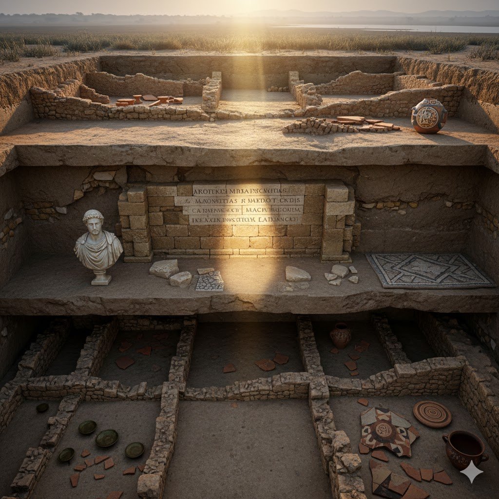 Composición visual que simboliza la evolución histórica de Asta Regia, integrando elementos arquitectónicos de la civilización tartésica, columnas monumentales romanas y motivos geométricos andalusíes bajo un cielo crepuscular que une las diferentes etapas culturales del yacimiento.