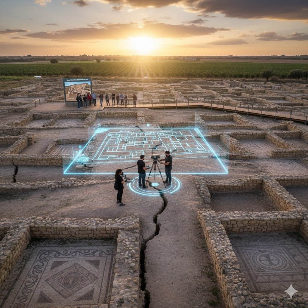 Vista panorámica del yacimiento arqueológico de Asta Regia en Jerez, destacando la superposición de muros de piedra antiguos y columnas frente a un horizonte natural, simbolizando el potencial de futuras excavaciones y la esperanza de recuperación del patrimonio histórico en Mesas de Asta.