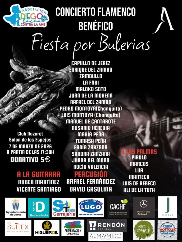 Cartel del concierto flamenco benéfico Fiesta por Bulerías en el Club Nazaret de Jerez con Capullo de Jerez y otros artistas.