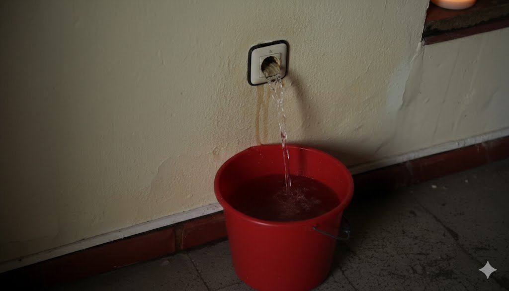Agua brotando con fuerza desde un enchufe de pared hacia un cubo rojo en una vivienda de Grazalema por la presión de las inundaciones de 2026.