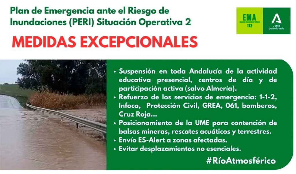 Infografía de la Junta de Andalucía anunciando la Situación Operativa Nivel 2 y la suspensión de clases en Jerez por el temporal.