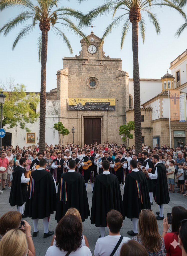Representación artística de una tuna universitaria actuando en una plaza histórica de Jerez con público y edificios tradicionales.