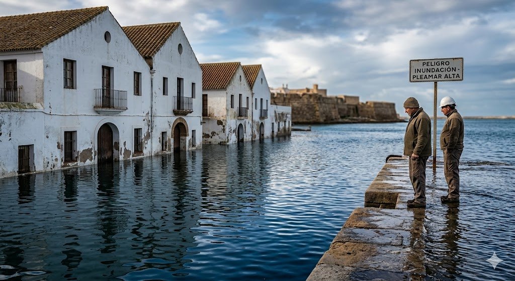 Una vista fotorrealista de la Dársena Comercial de Jerez en la Bahía de Cádiz durante una pleamar inusualmente alta. El agua marina, azul oscura, invade los caños y acaricia las bases de edificios tradicionales andaluces.