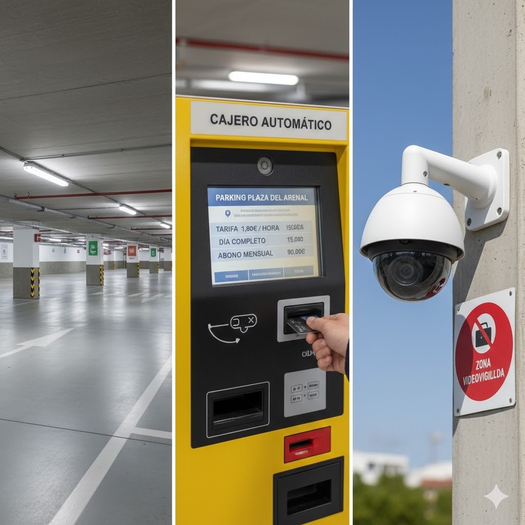 Collage compuesto por tres imágenes: un pasillo de parking iluminado, un cajero automático con tarifas y una cámara de videovigilancia en una columna.