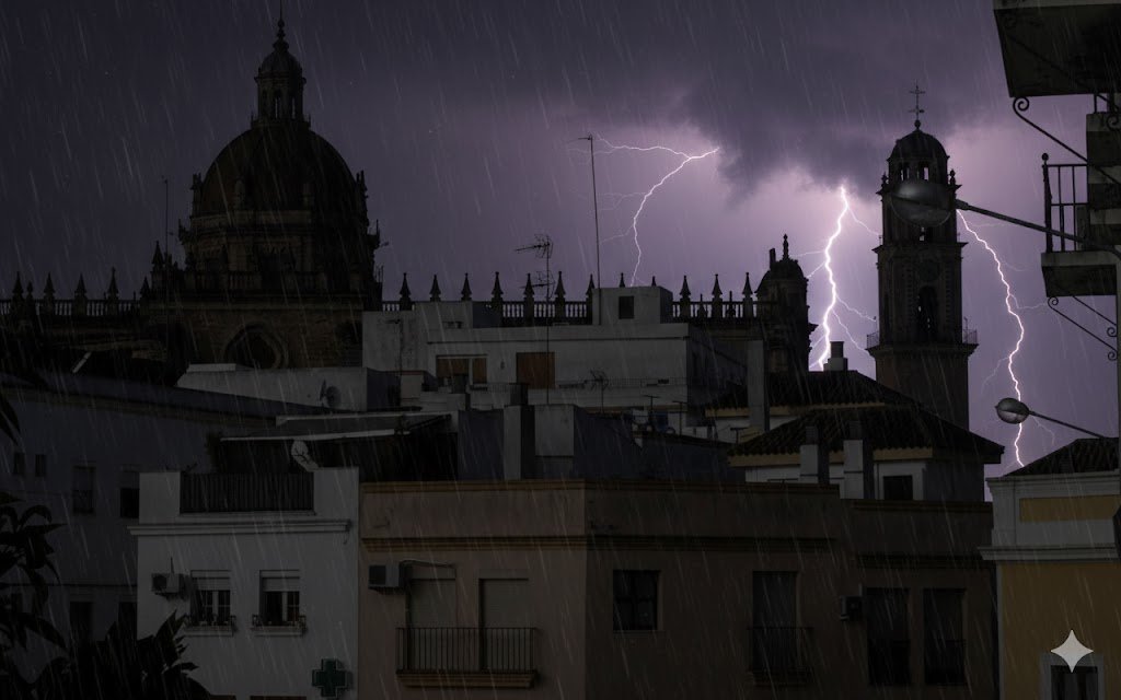 Silueta del centro de Jerez de la Frontera a oscuras durante un apagón nocturno por la borrasca Marta con rayos iluminando el cielo lluvioso.