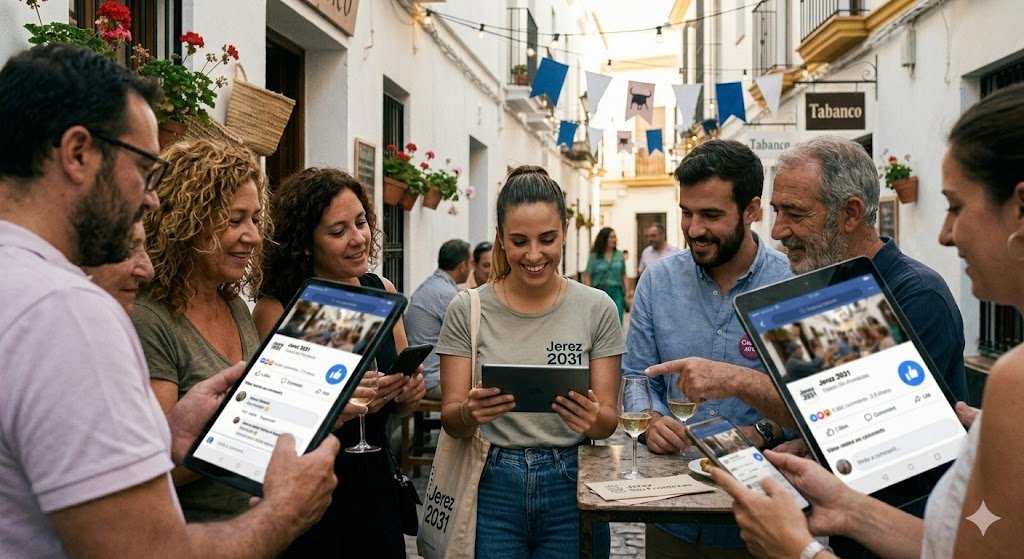 Un grupo de amigos y vecinos de Jerez está reunido en una calle encalada con guirnaldas de luces al anochecer. Están mirando teléfonos móviles y una tablet donde se ve la página oficial de Facebook de 'Jerez 2031'. Sus rostros están iluminados por las pantallas, interactuando digitalmente.
