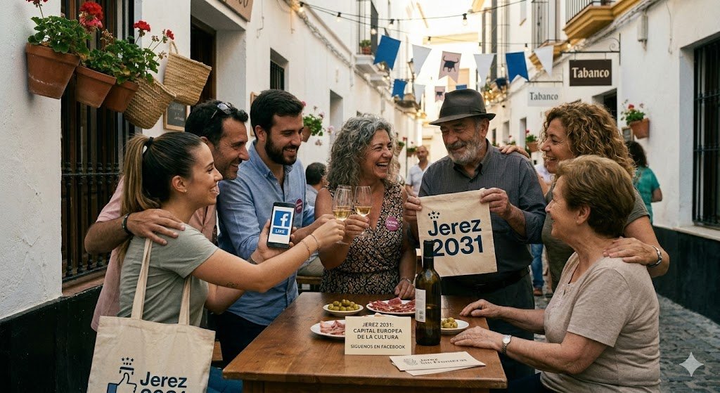 Un grupo intergeneracional de ciudadanos de Jerez sonríe y brinda con catavinos alrededor de una mesa de madera en una calle encalada con guirnaldas de luces. En primer plano, una bolsa de tela muestra el logo 'Jerez 2031' y el lema 'Síguenos en Facebook', mientras otros sostienen tablets y teléfonos móviles con el icono de Facebook.