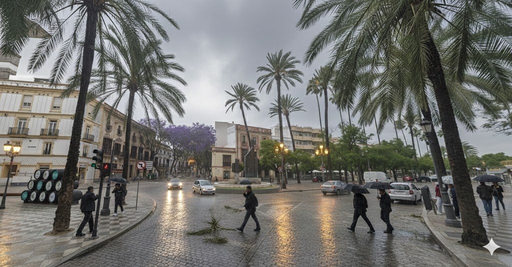 Fotografía de la calle Larga en Jerez de la Frontera durante el temporal de la borrasca Marta con lluvia intensa, paraguas y palmeras bajo el viento.