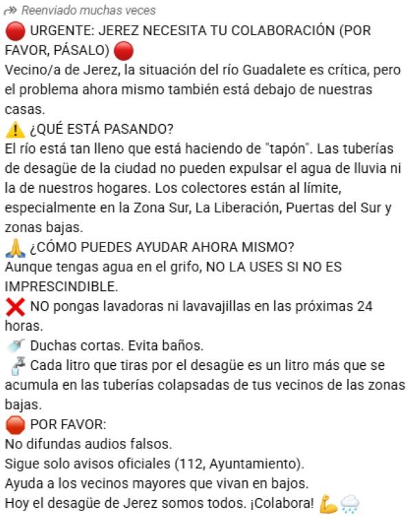Captura de pantalla de un mensaje viral de WhatsApp con información falsa sobre el colapso del alcantarillado en Jerez debido a la crecida del río Guadalete.