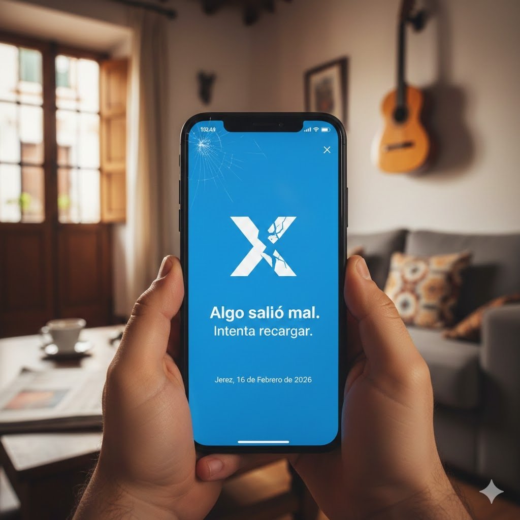 Primer plano de unas manos sosteniendo un teléfono móvil con el logotipo de X y un mensaje de error sobre fondo negro, ilustrando la caída de X Twitter hoy 16 de febrero 2026 en Jerez.