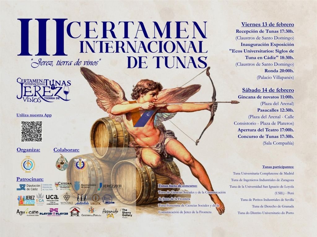 artel del III Certamen Internacional de Tunas en Jerez con ilustración de un cupido sobre barriles de vino y programación del 13 y 14 de febrero.