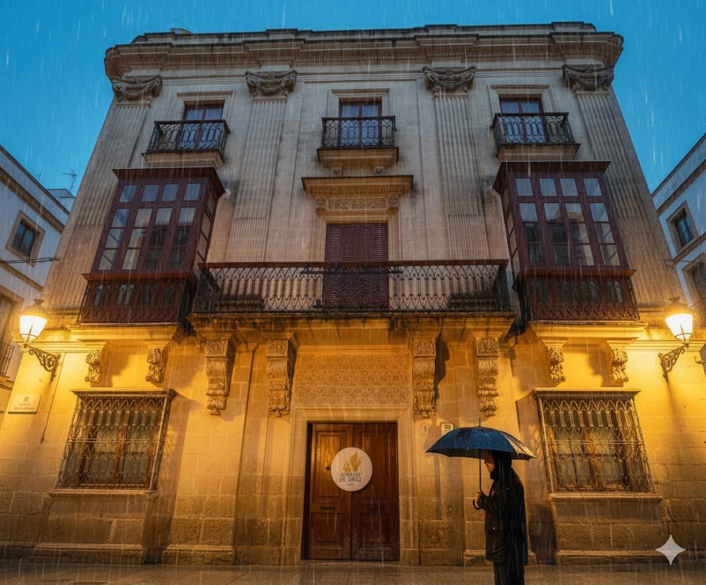 Fachada de la sede del Ateneo de Jerez bajo la lluvia con cartel informativo de cierre por alerta meteorológica de la AEMET.