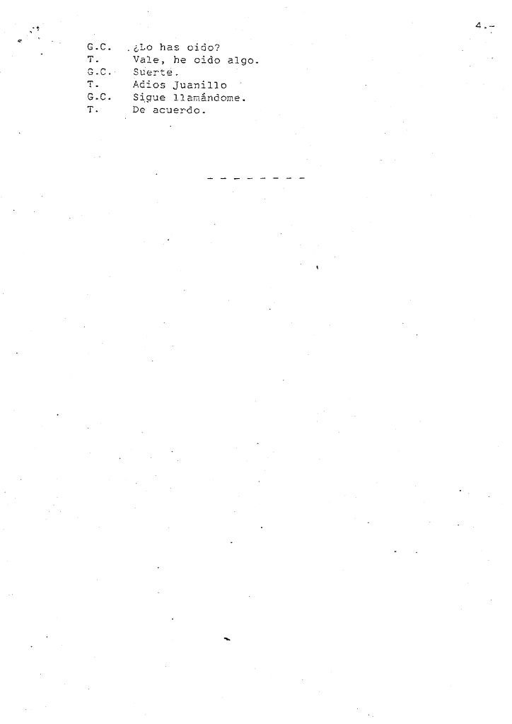 Última página de la transcripción telefónica entre García Carrés y Tejero, finalizando con un mensaje de suerte y la indicación de seguir en contacto.