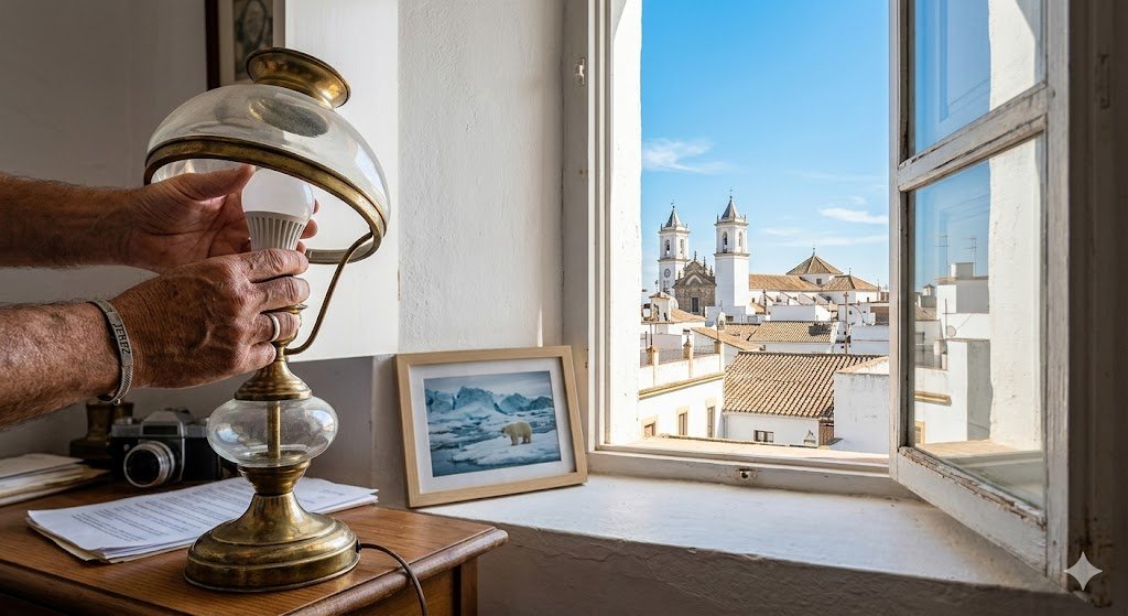 Primer plano fotorrealista de unas manos de Jerez instalando una bombilla LED de bajo consumo en una lámpara andaluza. A través del ventanal, una vista limpia y brillante de los tejados y torres de Jerez.