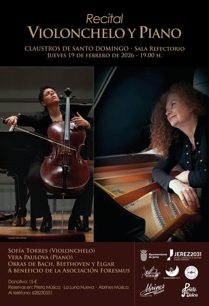 Cartel del concierto benéfico de violonchelo y piano en los Claustros de Santo Domingo de Jerez con Sofía Torres y Vera Paulova.