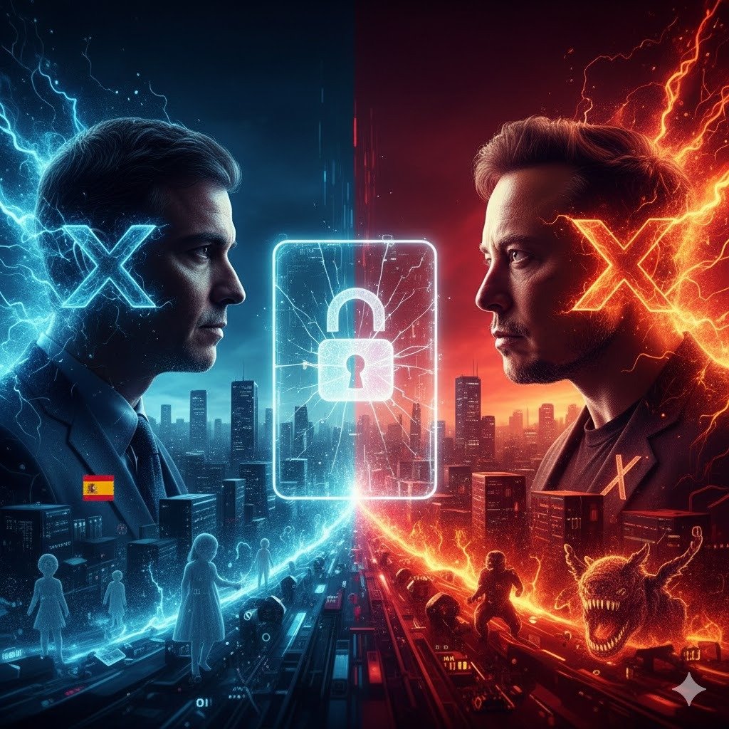 Ilustración conceptual del conflicto entre Pedro Sánchez y Elon Musk por la ley de redes sociales en España 2026. Se muestra un enfrentamiento visual entre ambos líderes sobre un fondo digital con un candado central que simboliza la protección de menores y la identidad digital verificada.