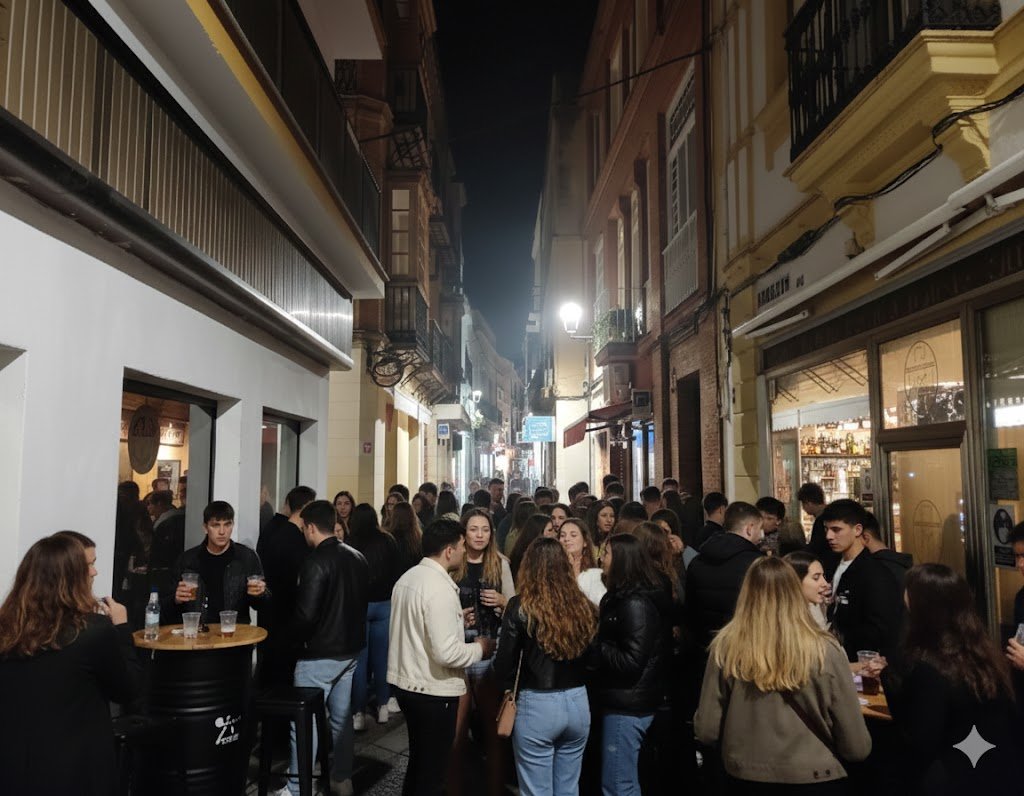 Multitud de jóvenes consumiendo en el exterior de locales con luces encendidas en una calle estrecha del centro de Jerez durante la noche, ilustrando el conflicto de la ZGAT y el descanso vecinal.
