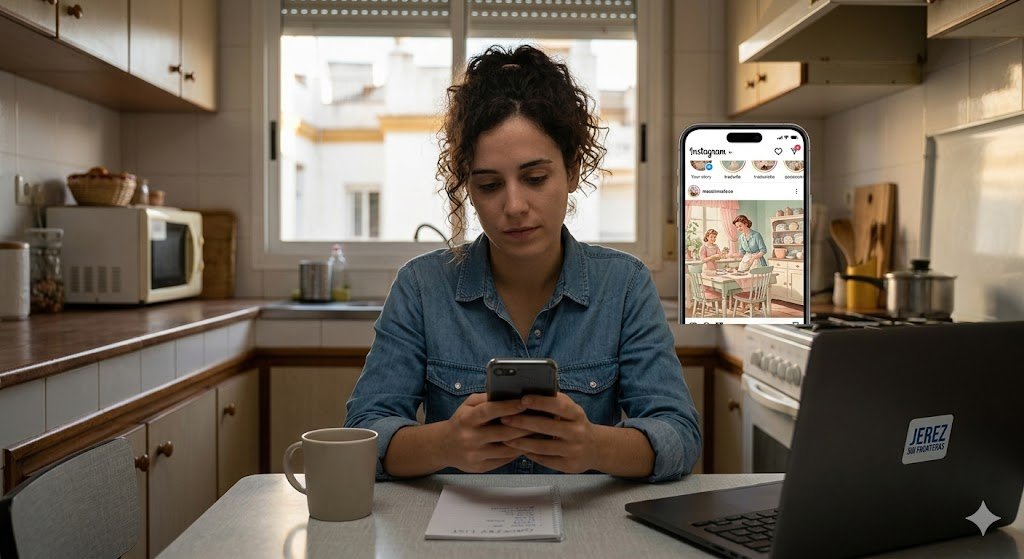 Una joven mujer de Jerez en una modesta cocina de apartamento, sentada a la mesa y mirando su teléfono. El teléfono muestra un feed de Instagram con un post de estilo 'tradwife'. En la mesa hay una laptop cerrada con una pequeña pegatina 'JEREZ SIN FRONTERAS'. El fondo muestra una típica cocina andaluza y una ventana a un callejón blanco, bajo luz natural cálida. La profundidad de campo es baja, enfocando en ella y el teléfono.