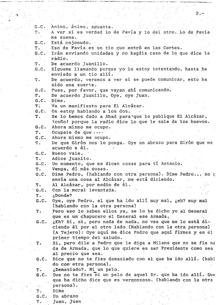 Segunda página del documento del 23F que muestra la desconfianza de Tejero hacia el General Armada, calificándolo de "chapucero" y advirtiendo que solo busca la presidencia.
