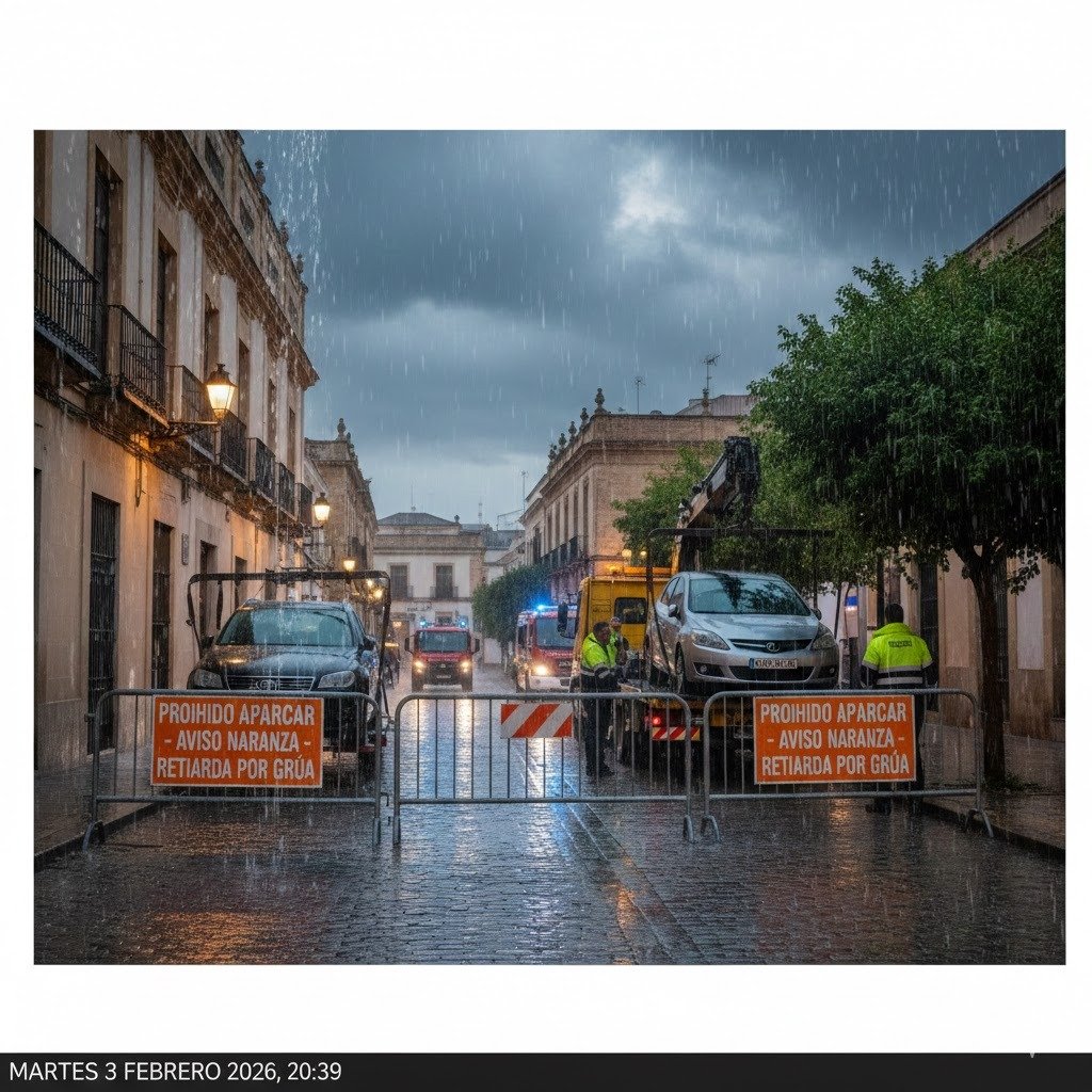 Operarios municipales y grúa retirando vehículos en una calle céntrica de Jerez bajo la lluvia debido al protocolo por aviso naranja de la AEMET.