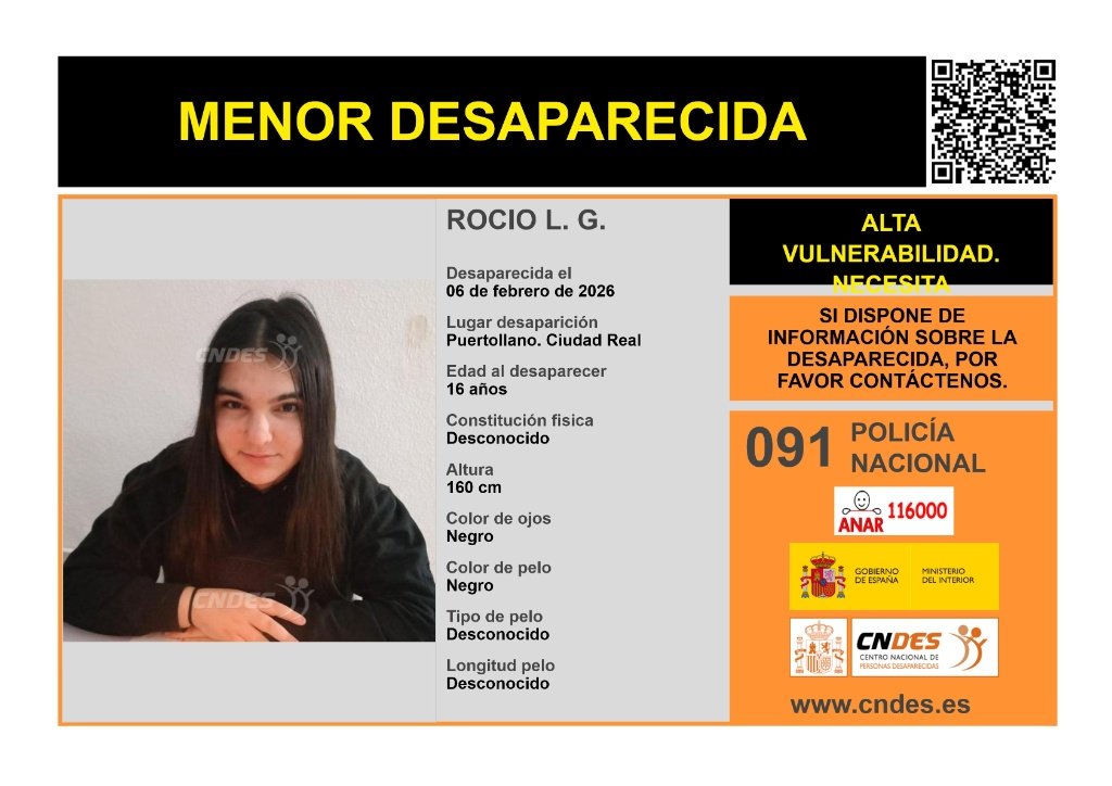 Cartel oficial de búsqueda de Rocío L. G., menor desaparecida en Puertollano con descripción física y teléfonos de emergencia 091 y 116000.