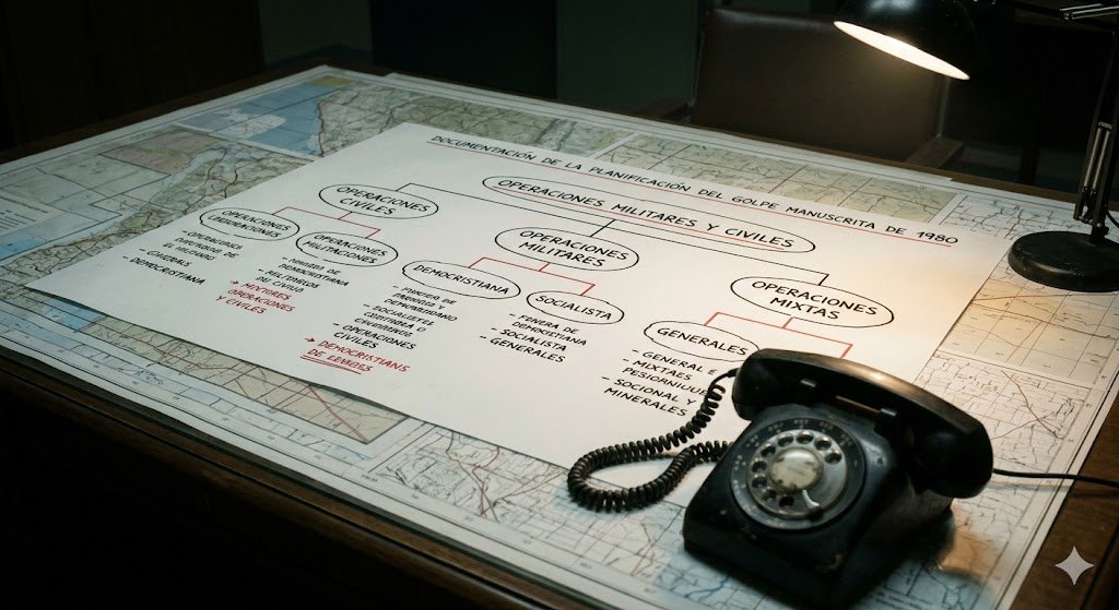 Fotografía fotorrealista de un despacho militar en noviembre de 1980. Un primer plano de un escritorio con un teléfono de disco y un diagrama manuscrito jerárquico que detalla las 'OPERACIONES MILITARES Y CIVILES' de la DOCUMENTACIÓN DE LA PLANIFICACIÓN DEL GOLPE MANUSCRITA DE 1980.