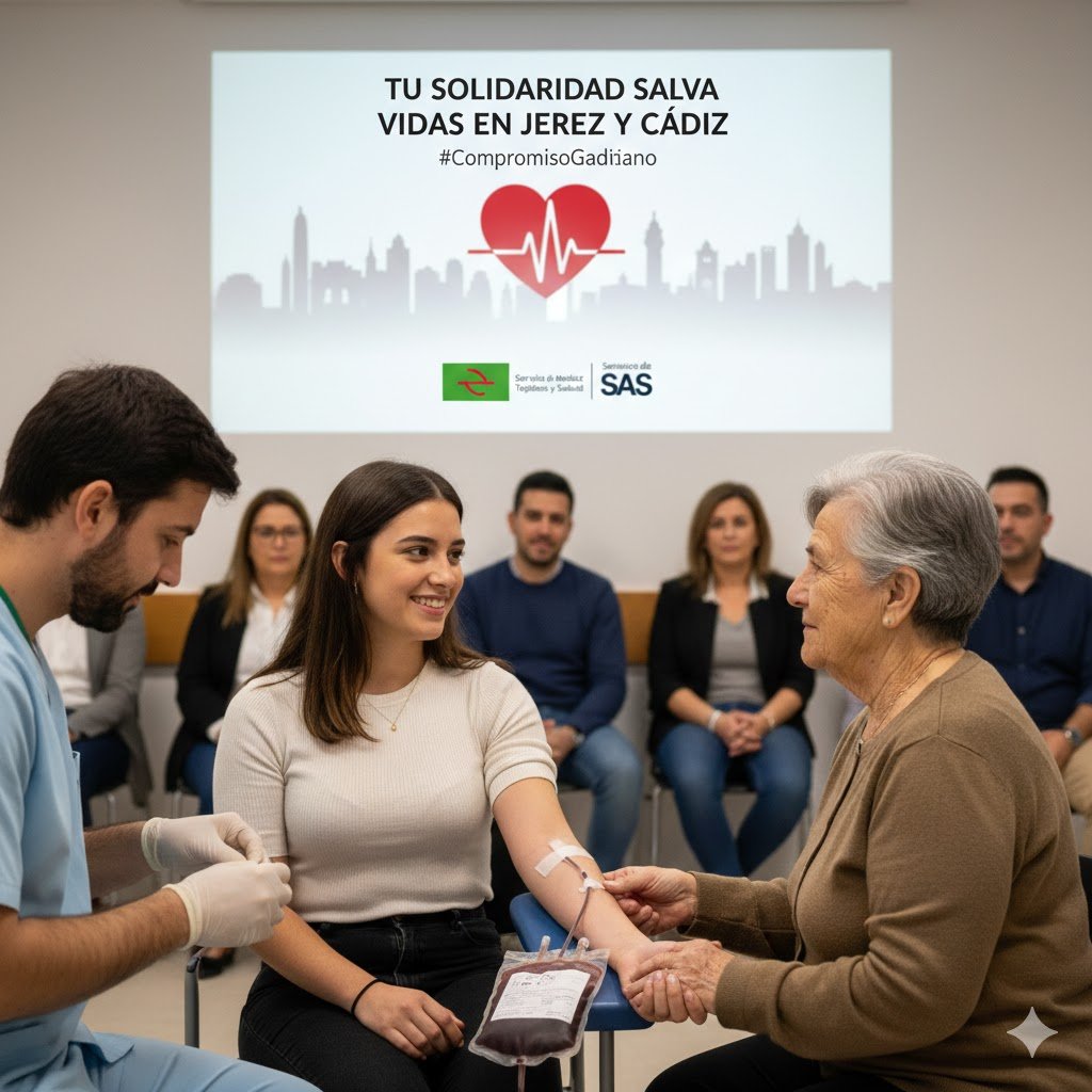 Voluntarios realizando una donación de sangre en un punto de colecta de Jerez y Cádiz con personal sanitario.