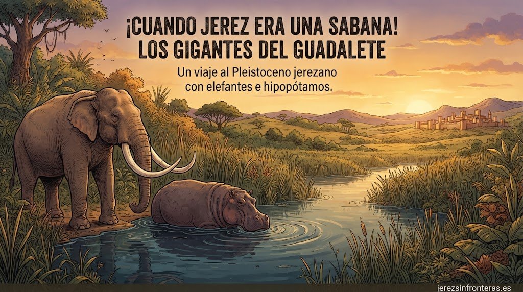 Imagen de cabecera en formato horizontal (16:9) que ilustra un paisaje prehistórico del río Guadalete en Jerez de la Frontera, mostrando un elefante de colmillos rectos (Palaeoloxodon antiquus) y un hipopótamo en la orilla, bajo un cielo atardecer.