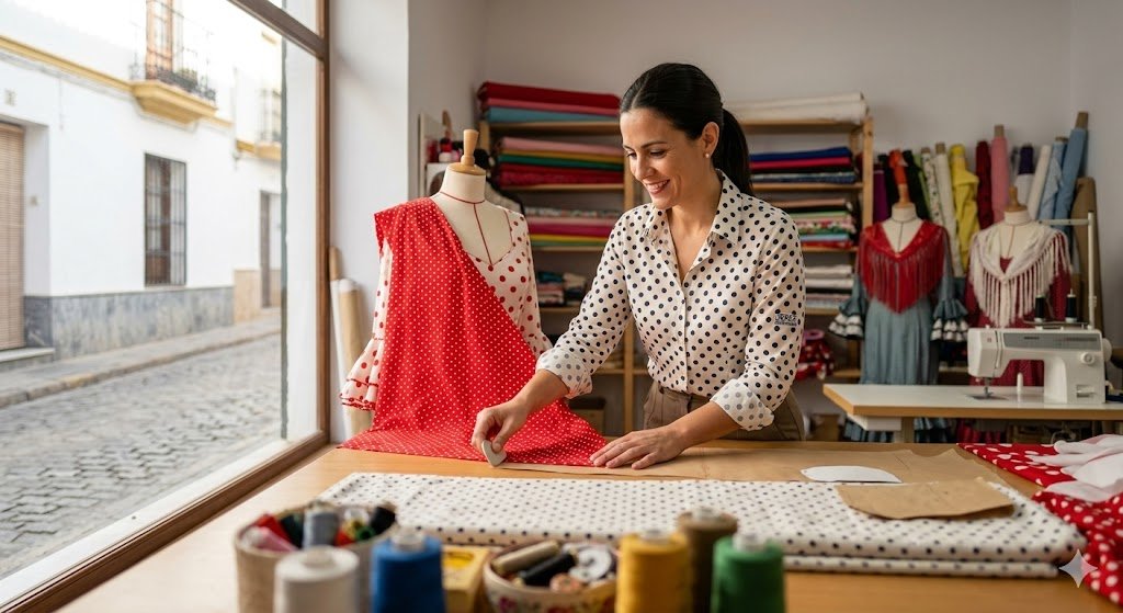 Una emprendedora andaluza trabaja en su estudio de diseño de moda flamenca en Jerez de la Frontera. Está de pie junto a una mesa de madera, sosteniendo un trozo de tela de lunares rojos y usando tiza de sastre. El estudio está lleno de telas de colores, maniquíes con vestidos tradicionales y una máquina de coser. La luz natural de la tarde entra por una ventana que muestra una típica calle blanca de Jerez. Un pequeño logo 'JEREZ SIN FRONTERAS' está bordado discreetly en el puño de su camisa. El enfoque es nítido en ella y su trabajo.