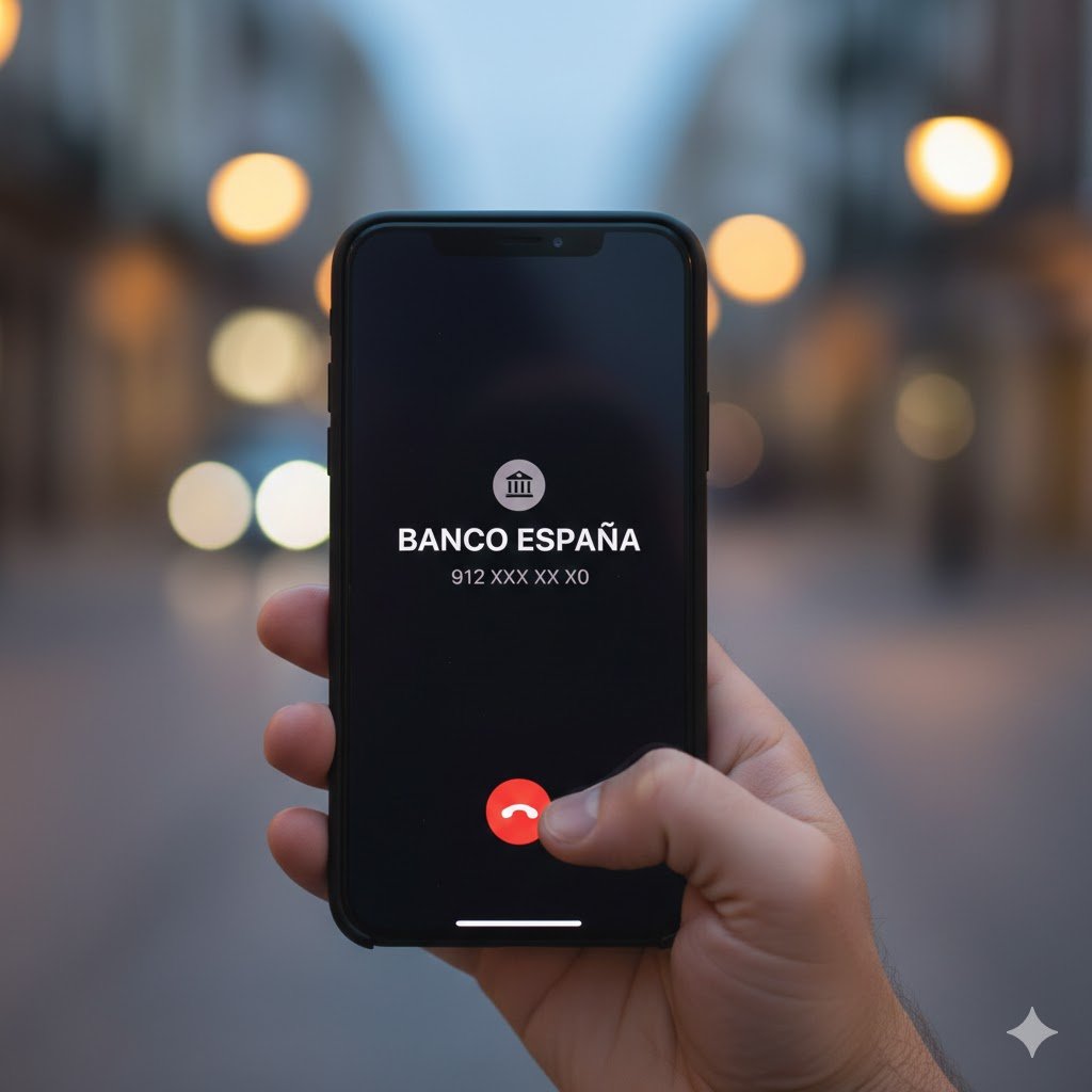Primer plano fotorrealista de una mano sosteniendo un smartphone con una llamada entrante fraudulenta que suplanta a una entidad bancaria, con fondo urbano desenfocado en Jerez.