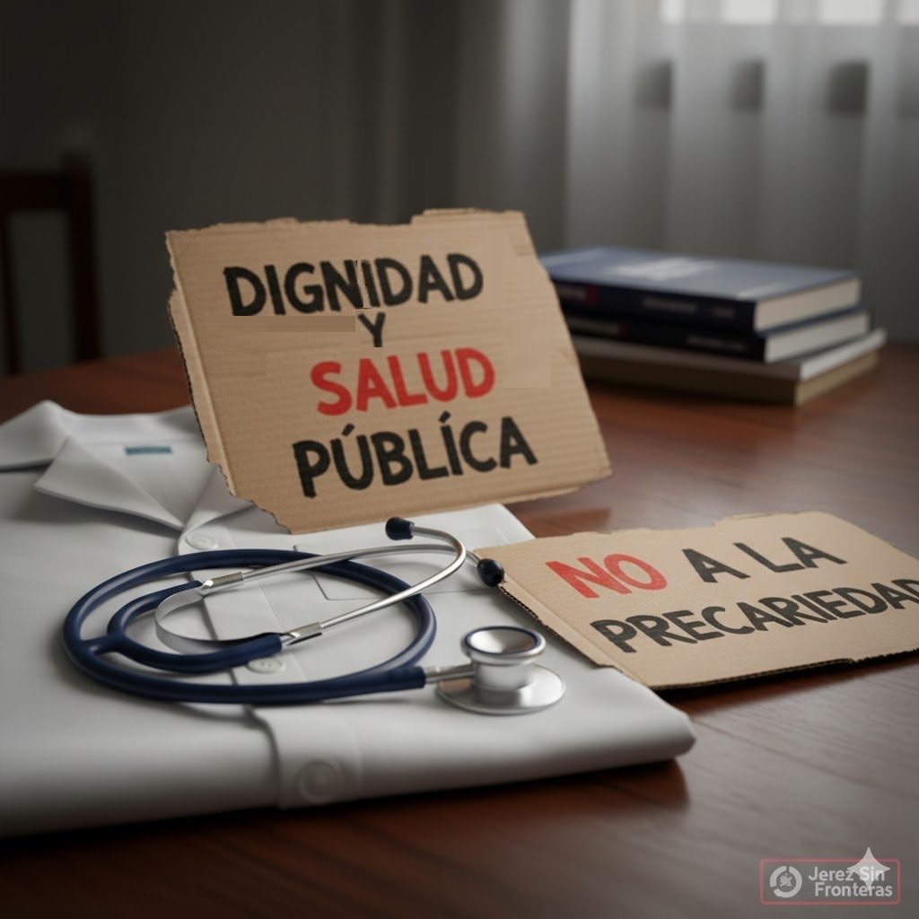 Estetoscopio médico sobre una bata blanca junto a carteles de protesta con los mensajes "Dignidad y Salud Pública" y "No a la precariedad", representando la lucha contra el Estatuto Marco del personal sanitario 2026.