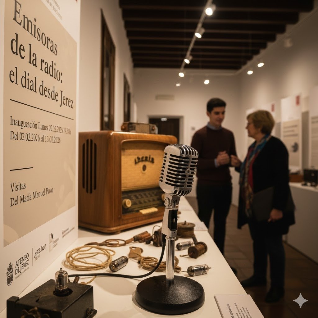 Exposición de radio en el Ateneo de Jerez con micrófono clásico de estudio y radio antigua Iberia de madera en primer plano.