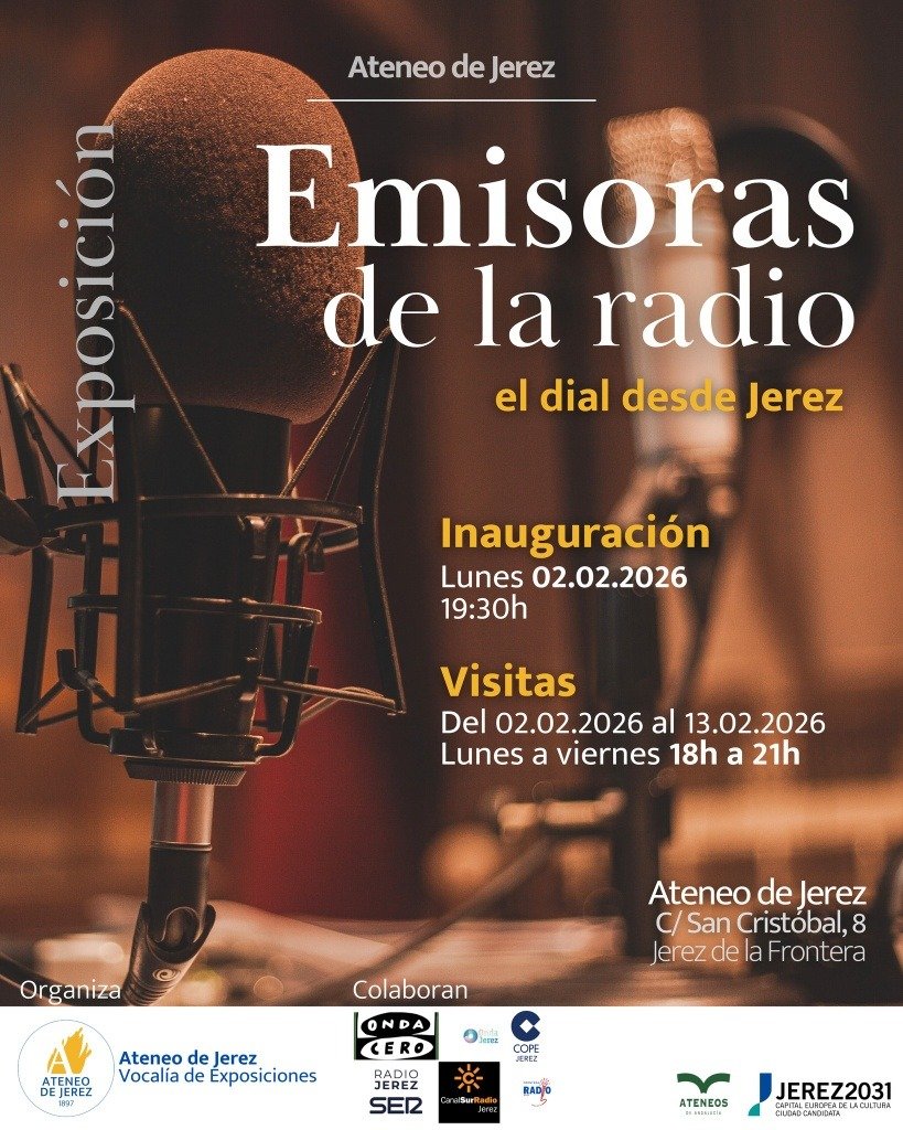 Exposición Emisoras de la radio el dial desde Jerez en la sala María Manuel Pozo del Ateneo de Jerez con equipos históricos y paneles informativos.