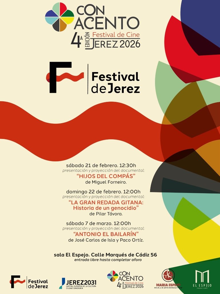 Composición creativa con una claqueta de cine profesional junto a una copa de vino de Jerez y un plato gastronómico local bajo el lema En Jerez se come de cine.