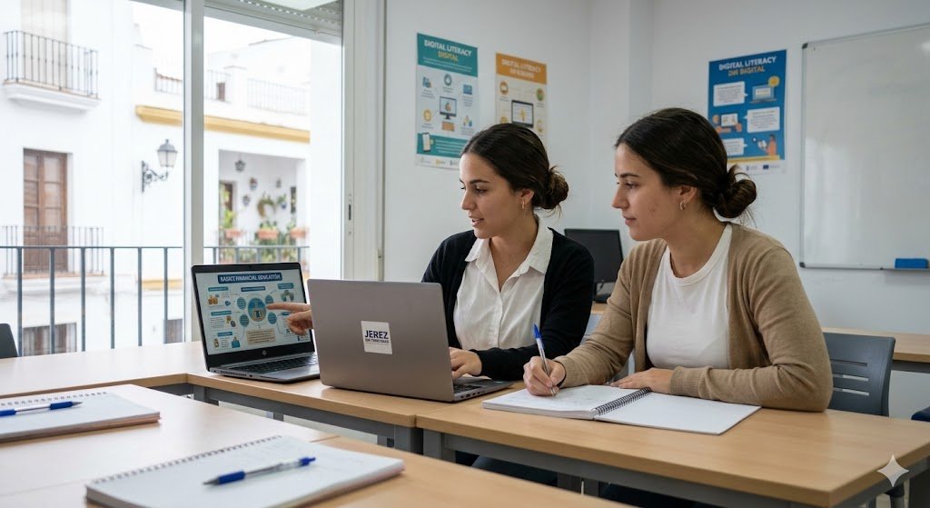 Dos jóvenes andaluzas en un aula de formación en Jerez de la Frontera, sentadas a la mesa colaborando. Están mirando una laptop que muestra una infografía de educación financiera. La de la izquierda señala la pantalla, mientras la de la derecha toma notas. La laptop tiene una pequeña pegatina 'JEREZ SIN FRONTERAS'. El fondo muestra una típica calle blanca de Jerez a través de una ventana, bajo luz natural cálida de tarde. El enfoque es nítido en las mujeres y la laptop.