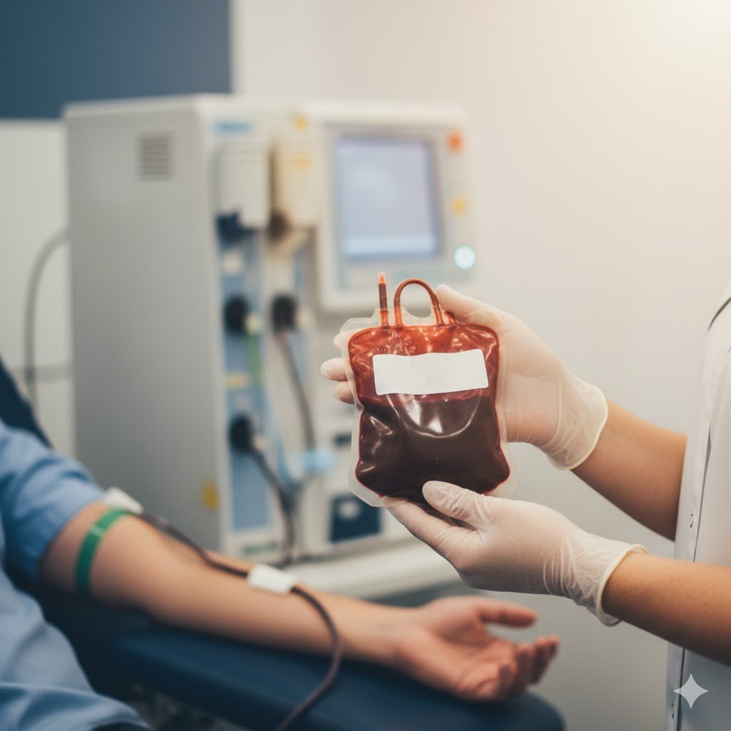 Primer plano de una bolsa de sangre tras una donación en un centro sanitario, con un donante y personal sanitario de fondo.