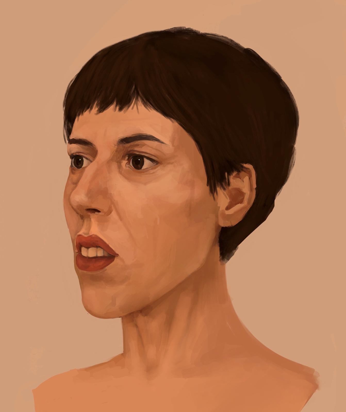 Reconstrucción facial forense de perfil de una mujer con cabello corto castaño y ojos marrones, buscada para su identificación en Málaga.