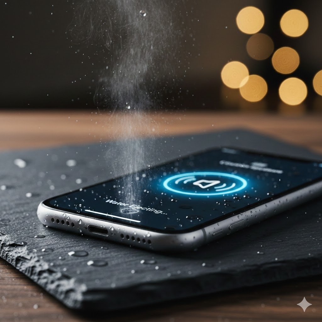 iPhone sobre superficie oscura expulsando gotas de agua de sus altavoces mediante vibración sónica y la función Water Eject.