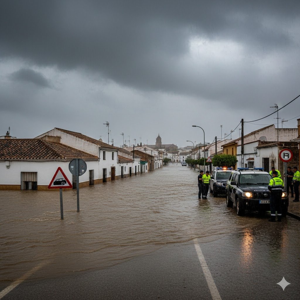 Calle principal de una pedanía de Jerez inundada por la crecida del río Guadalete durante la Borrasca Leonardo con vehículos de emergencia y policía local.