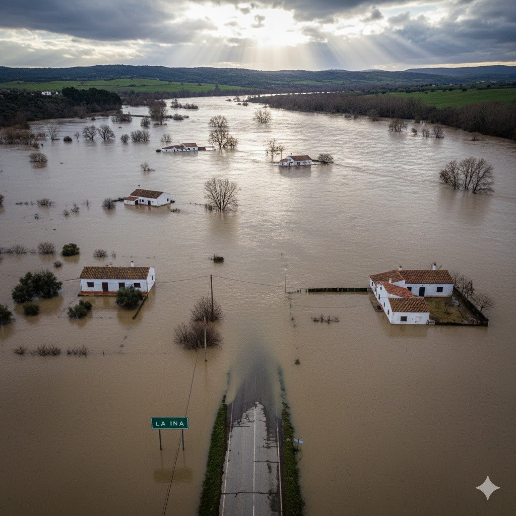 Vista aérea de la carretera de La Ina inundada por el desbordamiento del río Guadalete en Jerez, mostrando casas aisladas por el agua y señalización vial bajo la crecida.