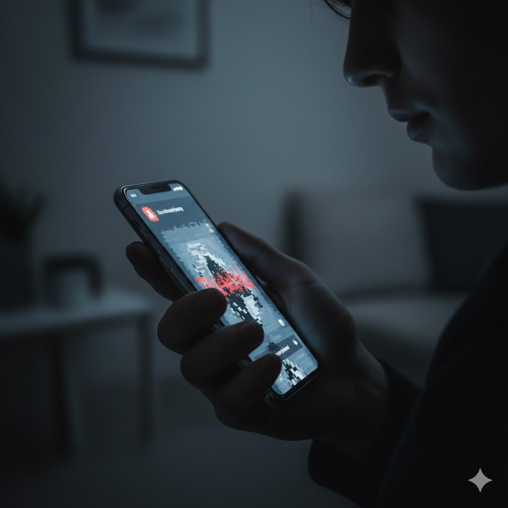 Primer plano de una persona en la penumbra sosteniendo un teléfono móvil cuya pantalla ilumina su rostro, representando la recepción de mensajes intimidatorios y ciberacoso.