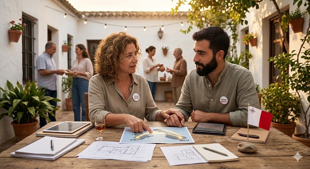 Maria, una mujer andaluza con pelo rizado, y Joseph, un hombre maltés con barba, están sentados a una mesa de madera rústica en un patio andaluz encalado al atardecer, discutiendo sobre mapas y bocetos. Entre ellos hay un catavino y una bandera de Malta. Ambos llevan pins de 'Jerez 2031'.