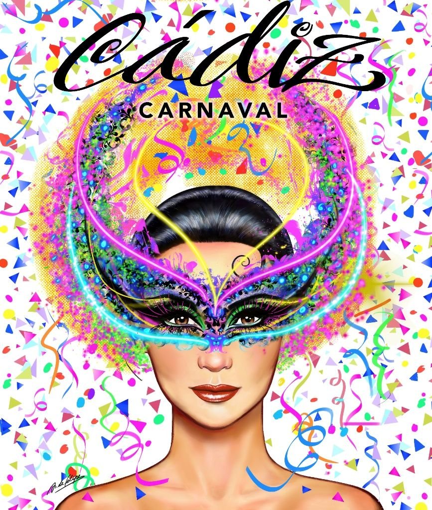 Rediseño de La Gaditana para el Carnaval de Cádiz por Antonio de Felipe, con máscara festiva de colores vibrantes, confeti y luces de neón.