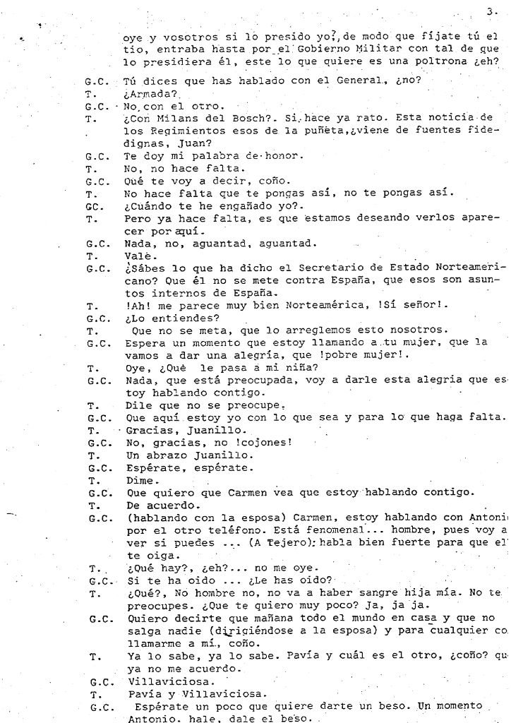 Tercera página de la transcripción de las llamadas del 23F donde García Carrés comunica a Tejero con su esposa, Carmen, asegurando que "no va a haber sangre".