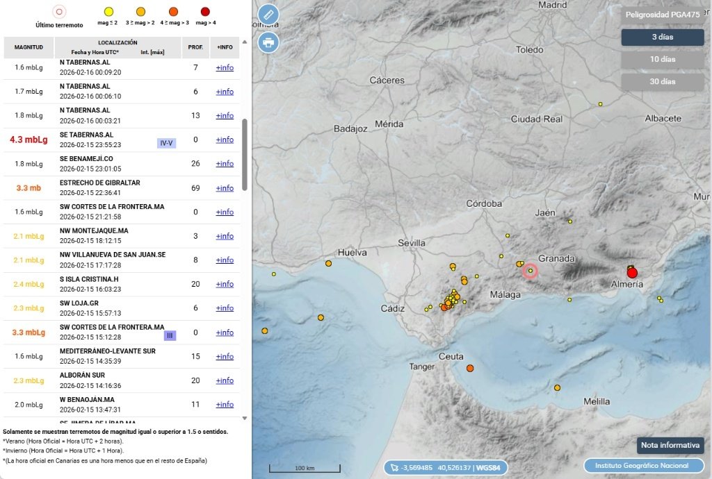 Captura del panel sísmico del Instituto Geográfico Nacional (IGN) que muestra el epicentro del terremoto de magnitud 4,3 en Tabernas, Almería, y el mapa de réplicas en Andalucía hoy 16 de febrero de 2026.