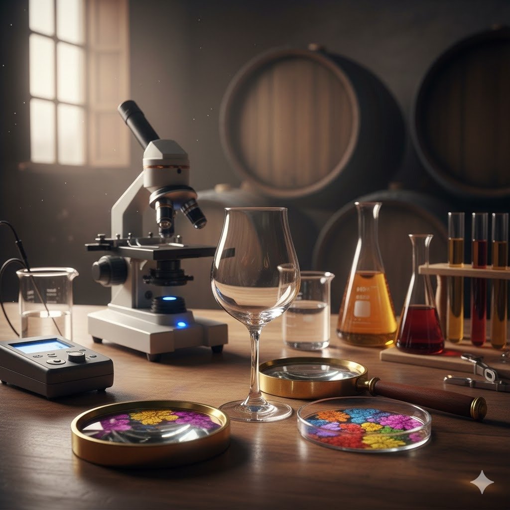Bodegón enológico que muestra un microscopio profesional, matraces de laboratorio y un catavinos frente a botas de madera en una bodega de Jerez.