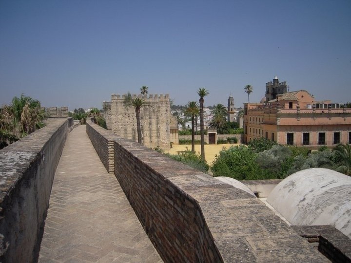 Camino de ronda sobre la muralla de piedra del Alcázar de Jerez con vistas al Palacio de Villavicencio y palmeras.