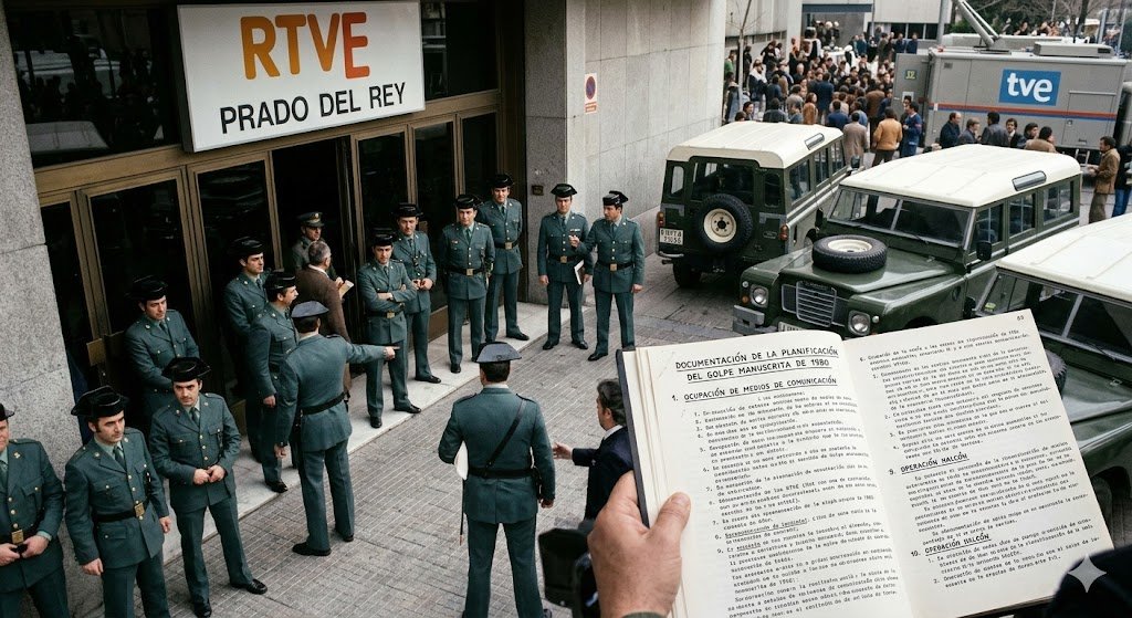 Fotografía fotorrealista de la ocupación de RTVE en Prado del Rey en febrero de 1981 por la Guardia Civil. Un primer plano de un oficial con la DOCUMENTACIÓN DE LA PLANIFICACIÓN DEL GOLPE MANUSCRITA DE 1980, con notas jerárquicas manuscritas en red y black sobre 'OCUPACIÓN DE MEDIOS DE COMUNICACIÓN' y 'OPERACIÓN HALCÓN'.